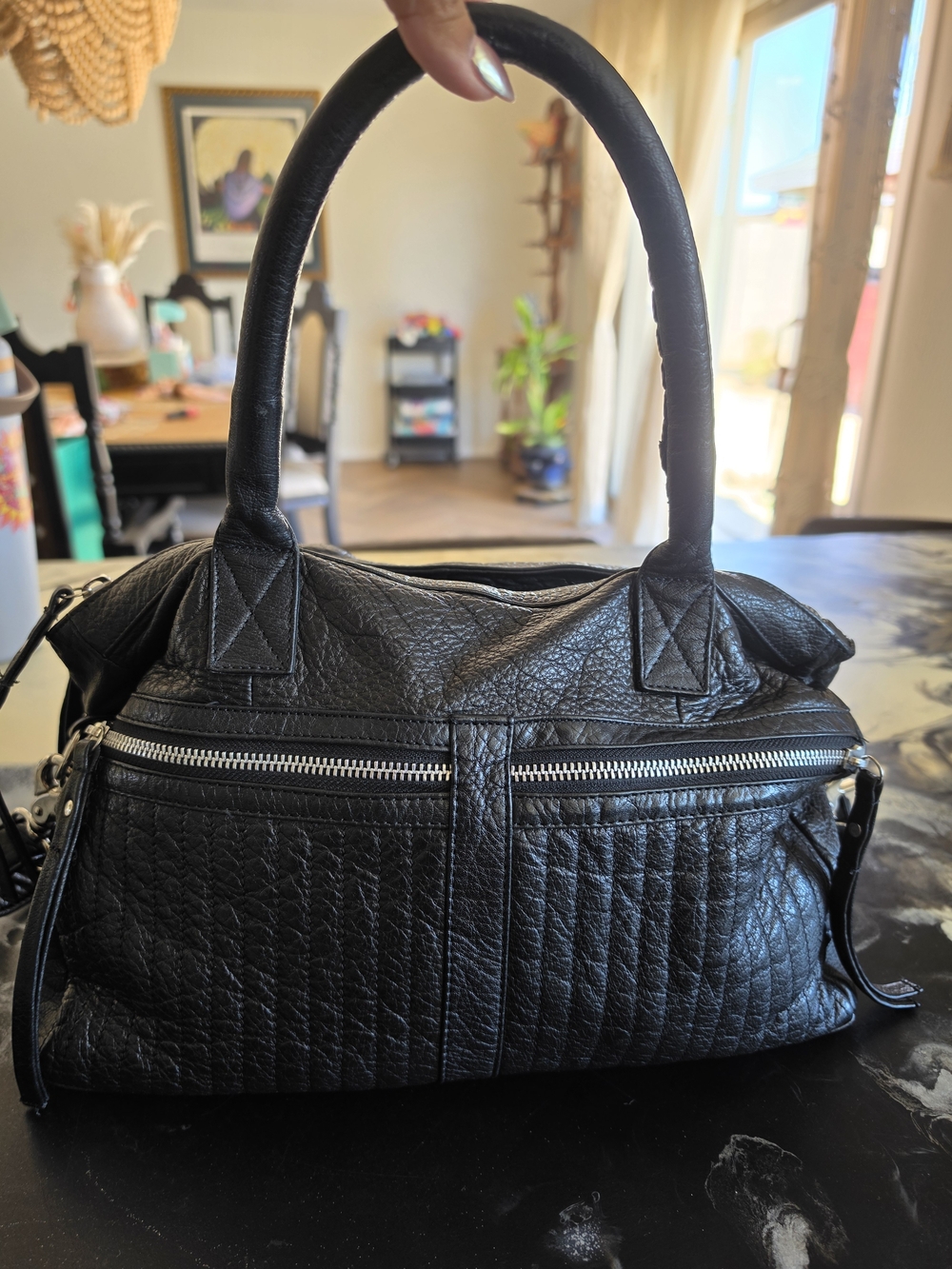 Black Leather Quilted Satchel Handbag